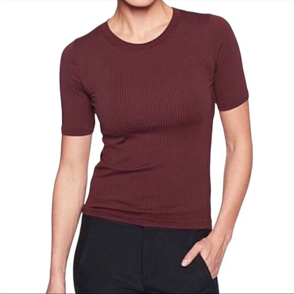 Athleta Ribbed Renew Dark Garnet Maroon Athletic Tee T-Shirt - Picture 1 of 4